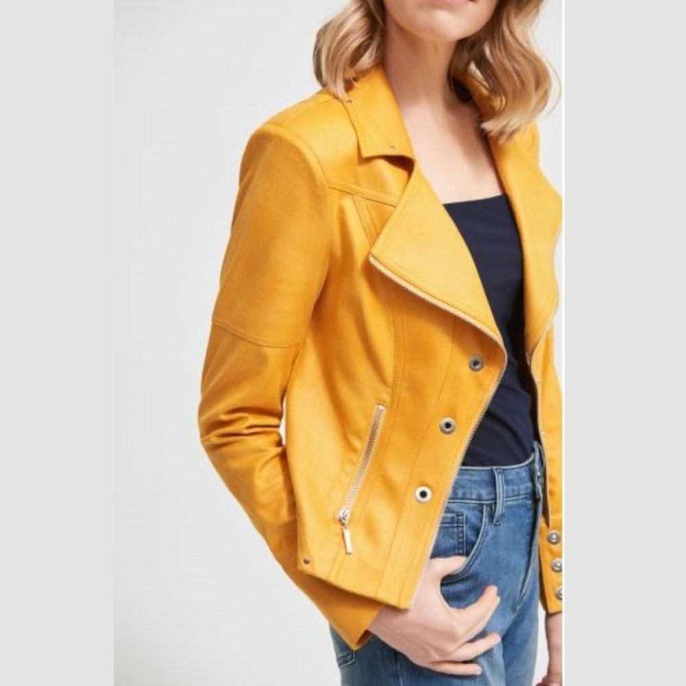 NWT Joseph Ribkoff Marigold Faux Leather Cropped Moto Jacket 213945 - Picture 3 of 3